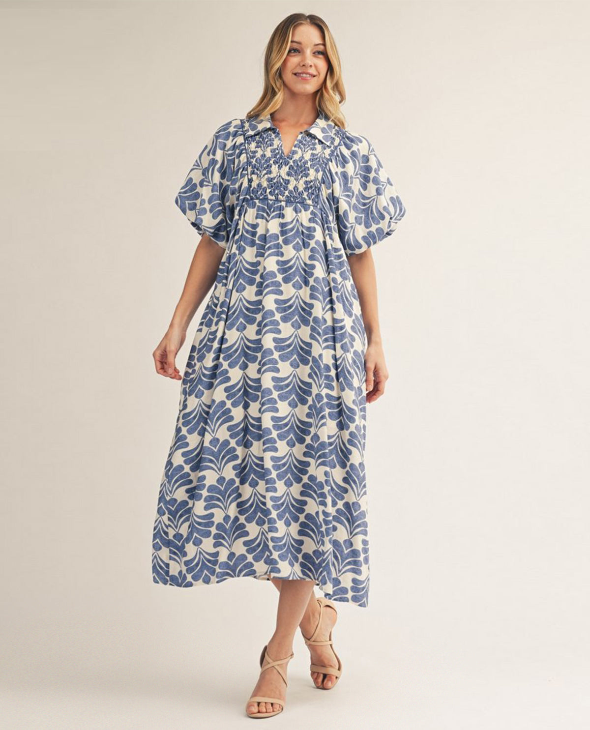 Jodifl Boho Print Denim Dress With Smocked Chest