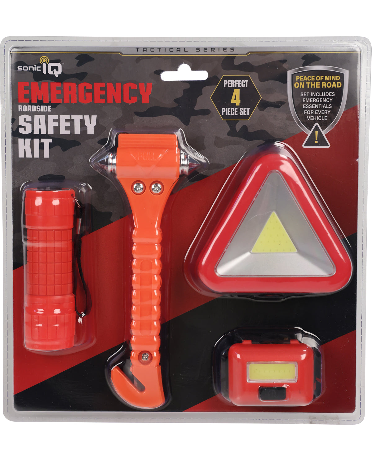 Emergency roadside safety kit with flashlight, hammer, and triangle warning sign in packaging.