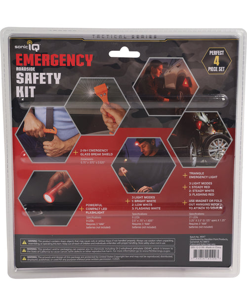 Packaged emergency safety kit with multiple uses and features on a white background