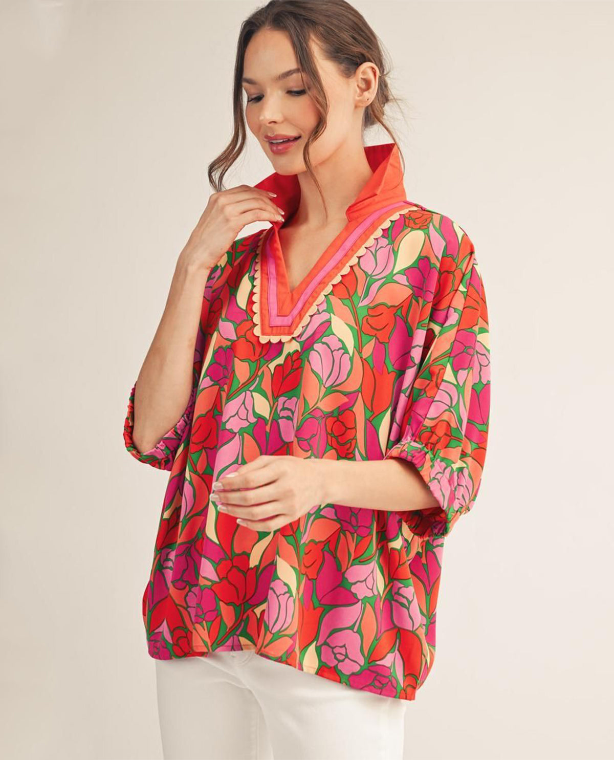 Jodifl Print Dolman Top With Solid Trim Multi