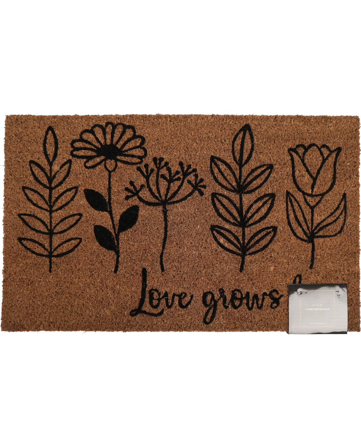 Doormat with floral designs and 'Love grows' text on a white background