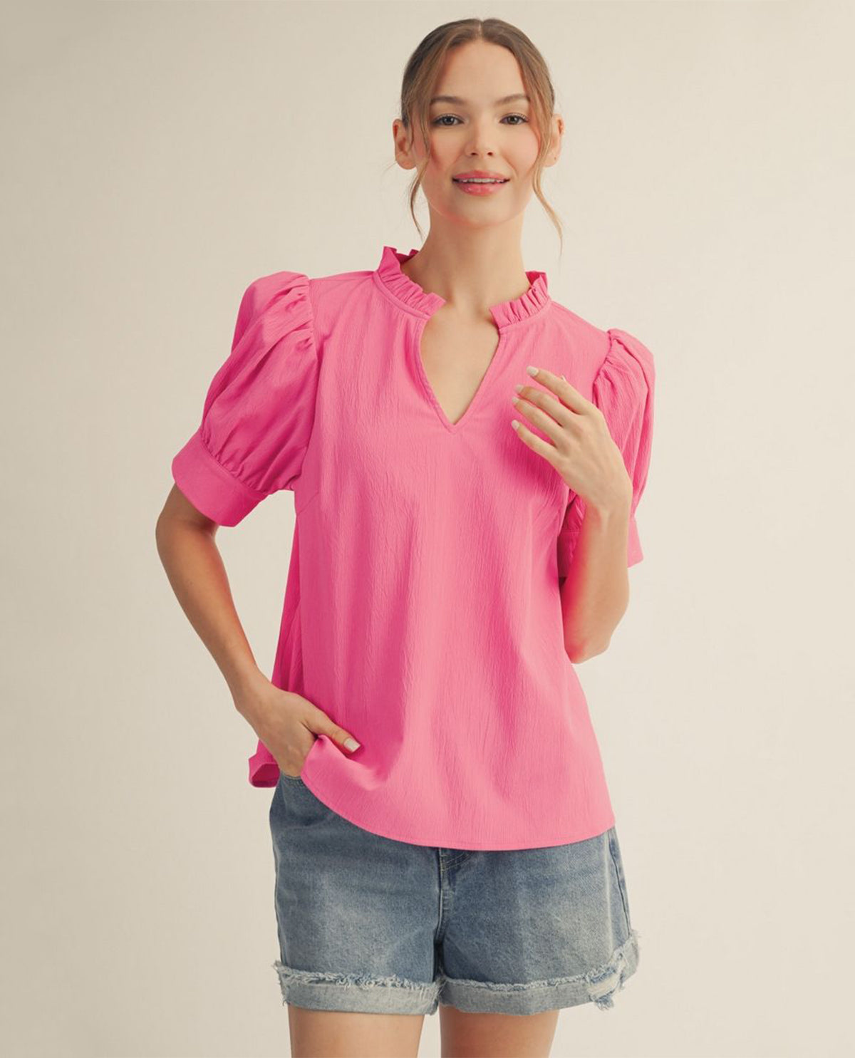 Jodifl Solid Crinkle Top With Puff Sleeves