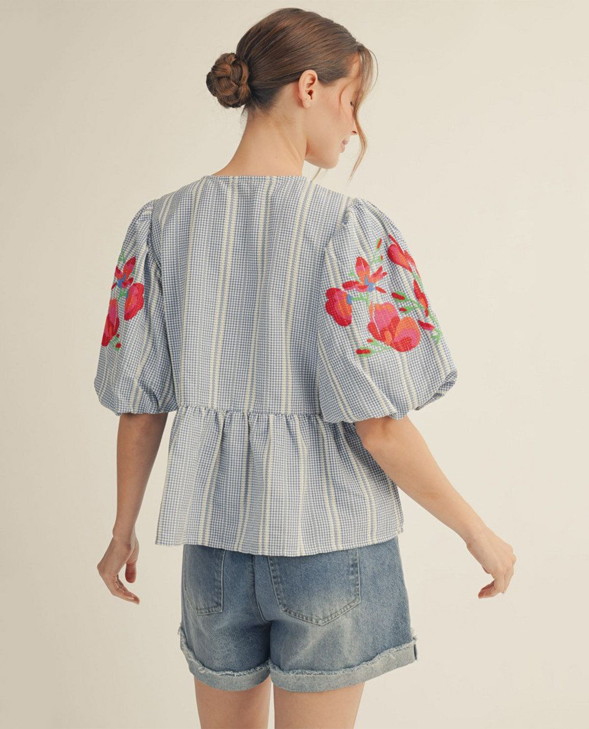 Jodifl Stripe Tie Front Top With Embroidered Sleeve Blue