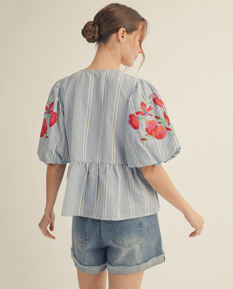 Jodifl Stripe Tie Front Top With Embroidered Sleeve Blue