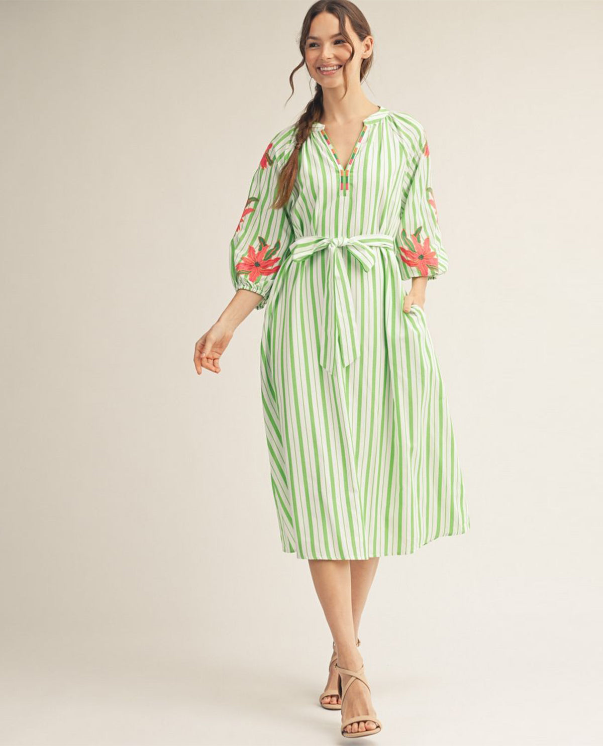 Jodifl Stripe Midi Dress With Embroidery Detail Green