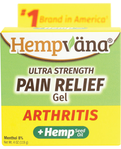 Packaging of Hempvana Ultra Strength Pain Relief Gel for arthritis, highlighting menthol and hemp seed oil as ingredients.