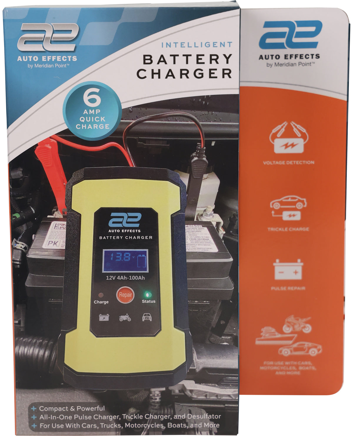 Battery charger with packaging featuring 'Auto Effects' branding