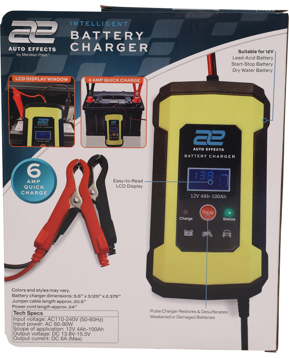 Battery charger packaging with text and images of the product