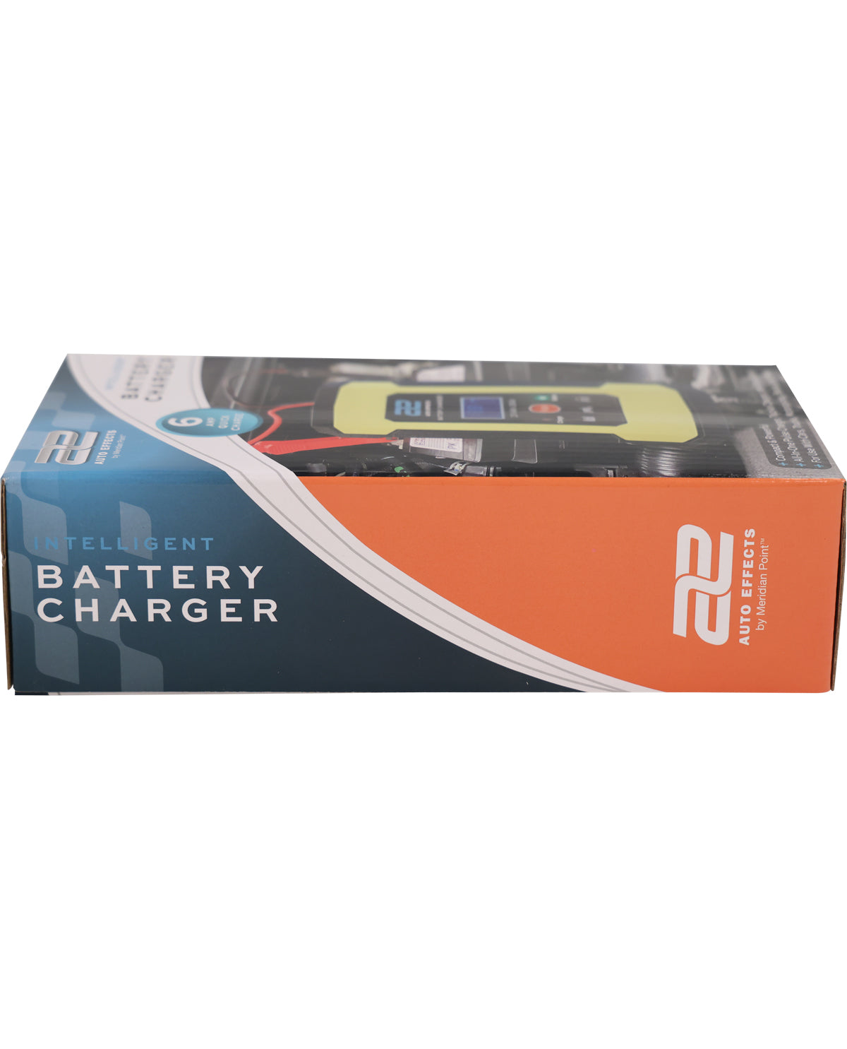 Box of an intelligent battery charger with a brand logo on a white background