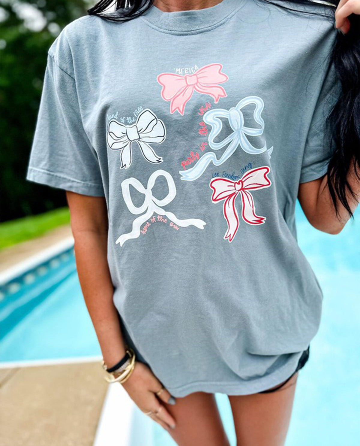 Party In The USA Bow Tee Gray Blue