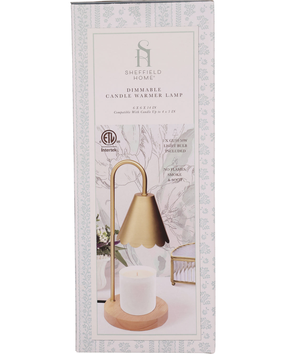 Sheffield Home dimmable candle warmer lamp packaging with gold lamp and white candle.