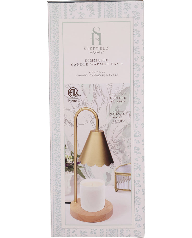Sheffield Home dimmable candle warmer lamp packaging with gold lamp and white candle.