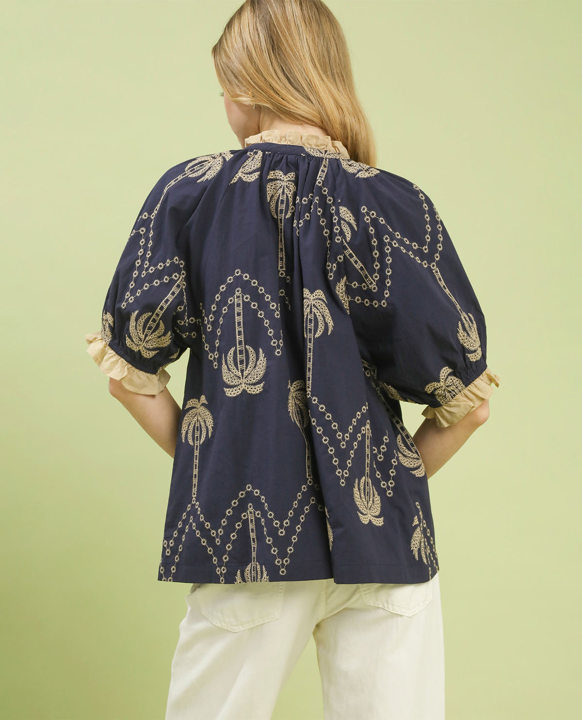 Umgee Palm Print Embroidered Top Navy
