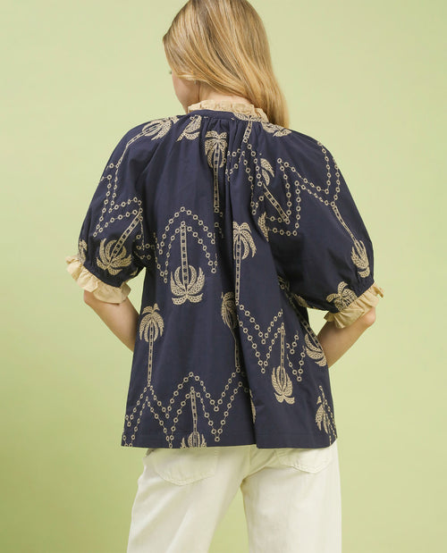 Umgee Palm Print Embroidered Top Navy