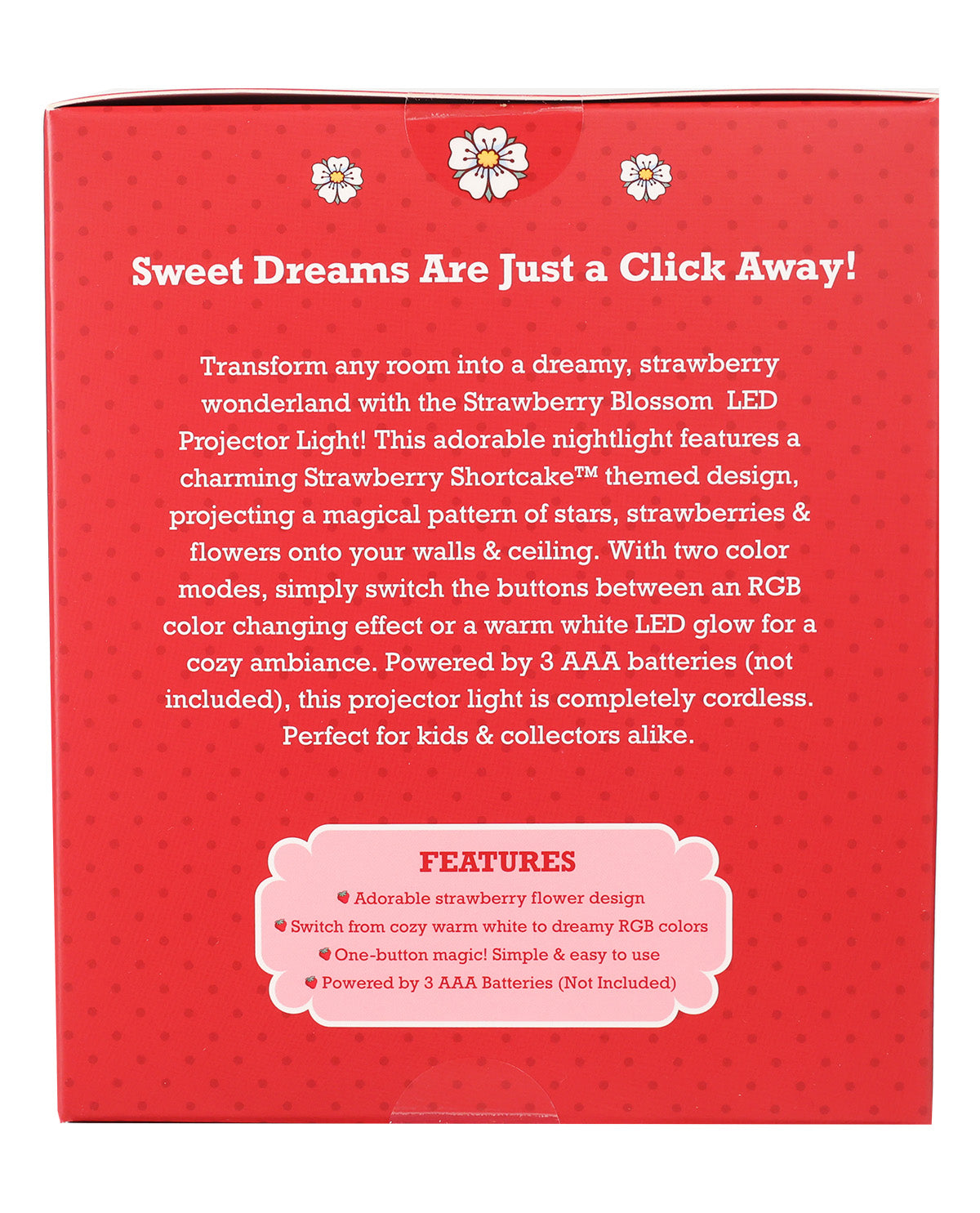 The back of a red product box with white text describing a strawberry-themed LED projector light, featuring small strawberry illustrations at the top and a pinkish label at the bottom.