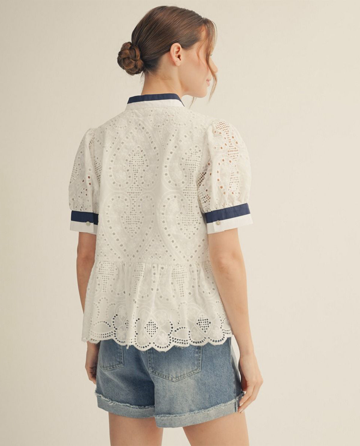 Jodifl Standing Neck Eyelet Peplum Top Off White