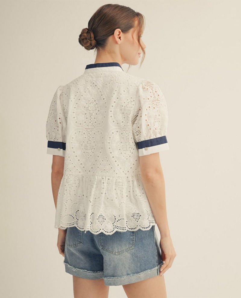 Jodifl Standing Neck Eyelet Peplum Top Off White