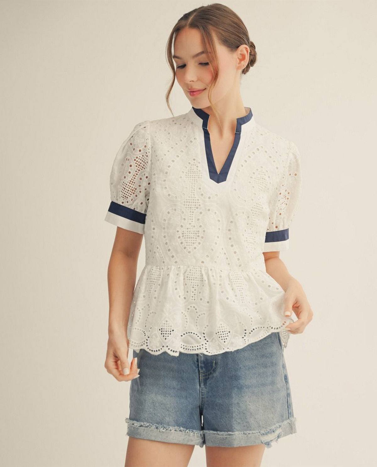 Jodifl Standing Neck Eyelet Peplum Top Off White