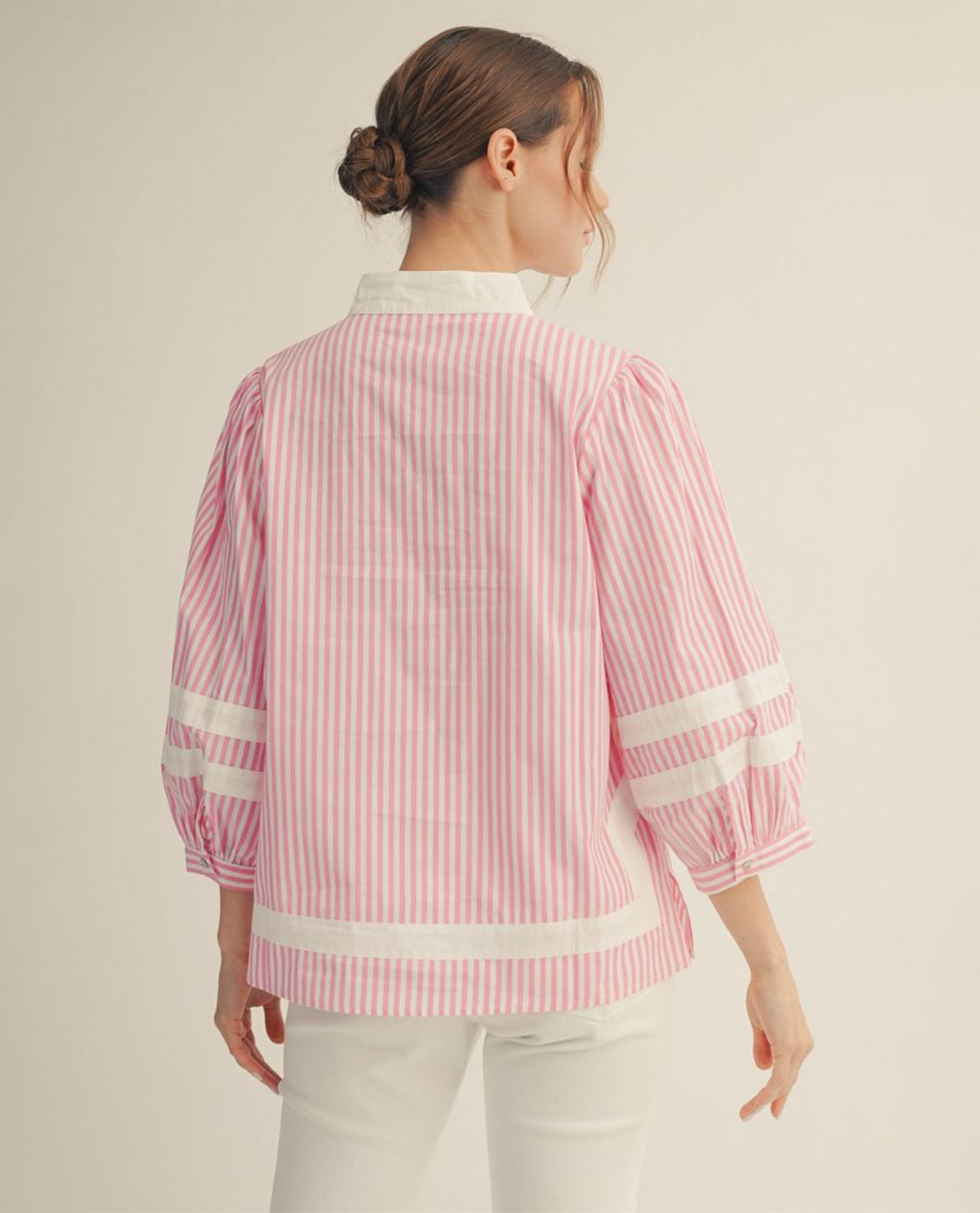 Jodifl Standing Neck Stripe Top With Solid Contrast Pink