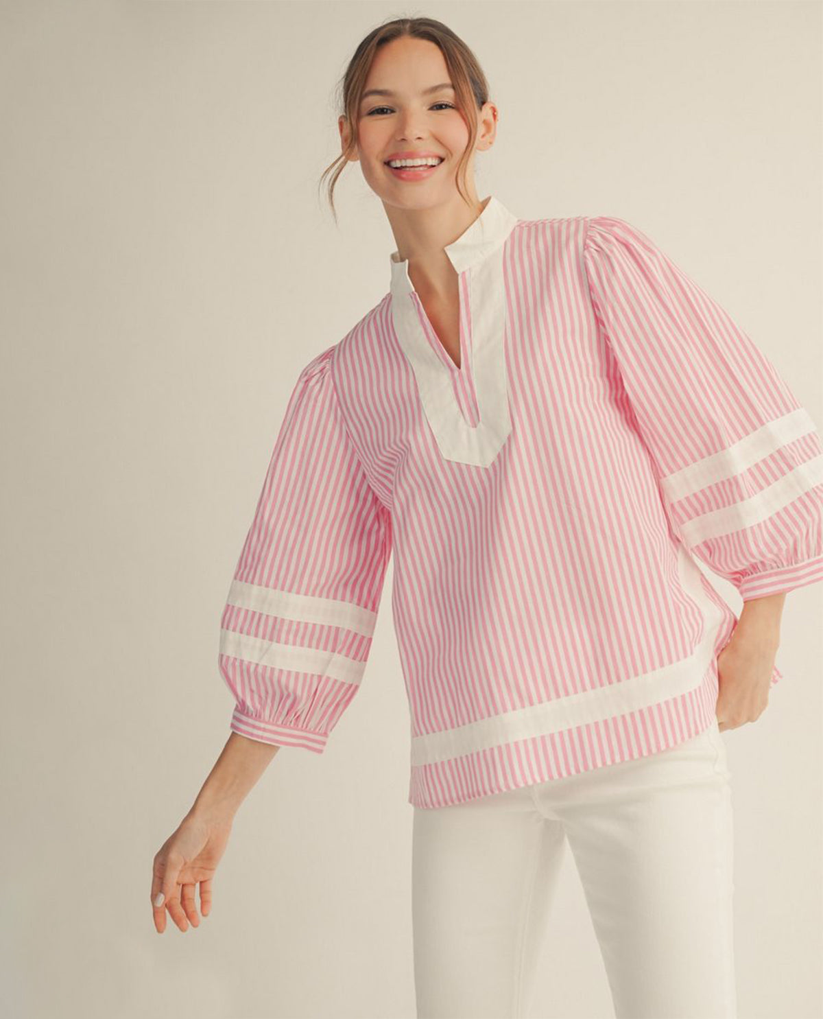Jodifl Standing Neck Stripe Top With Solid Contrast Pink