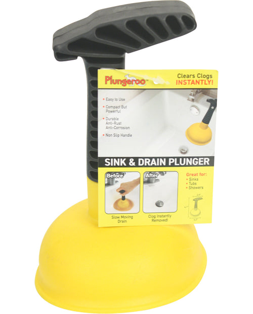 A mini sink plunger with a yellow cup and black handle, packaged in a card showing the product in use.