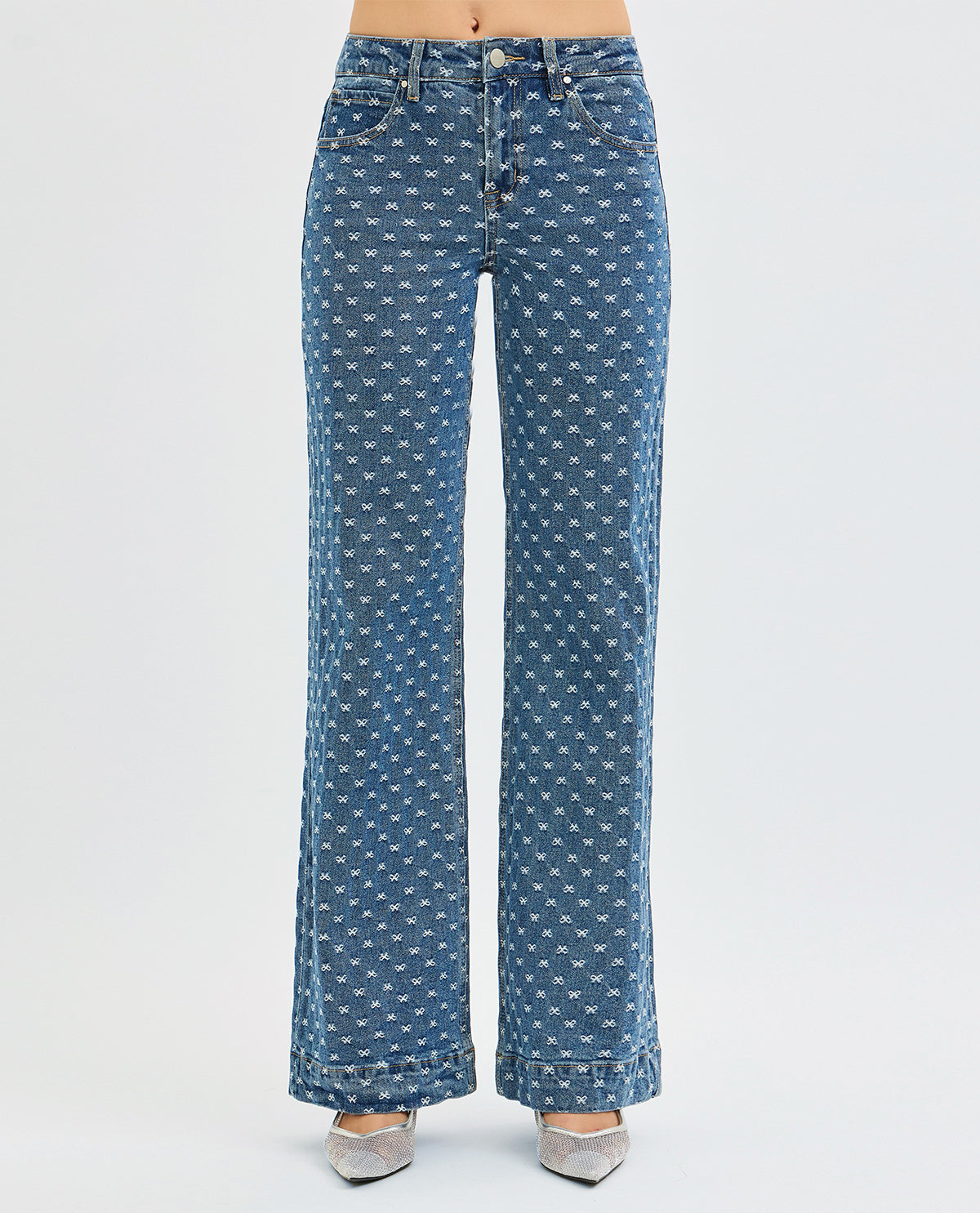 Blue patterned jeans on a white background