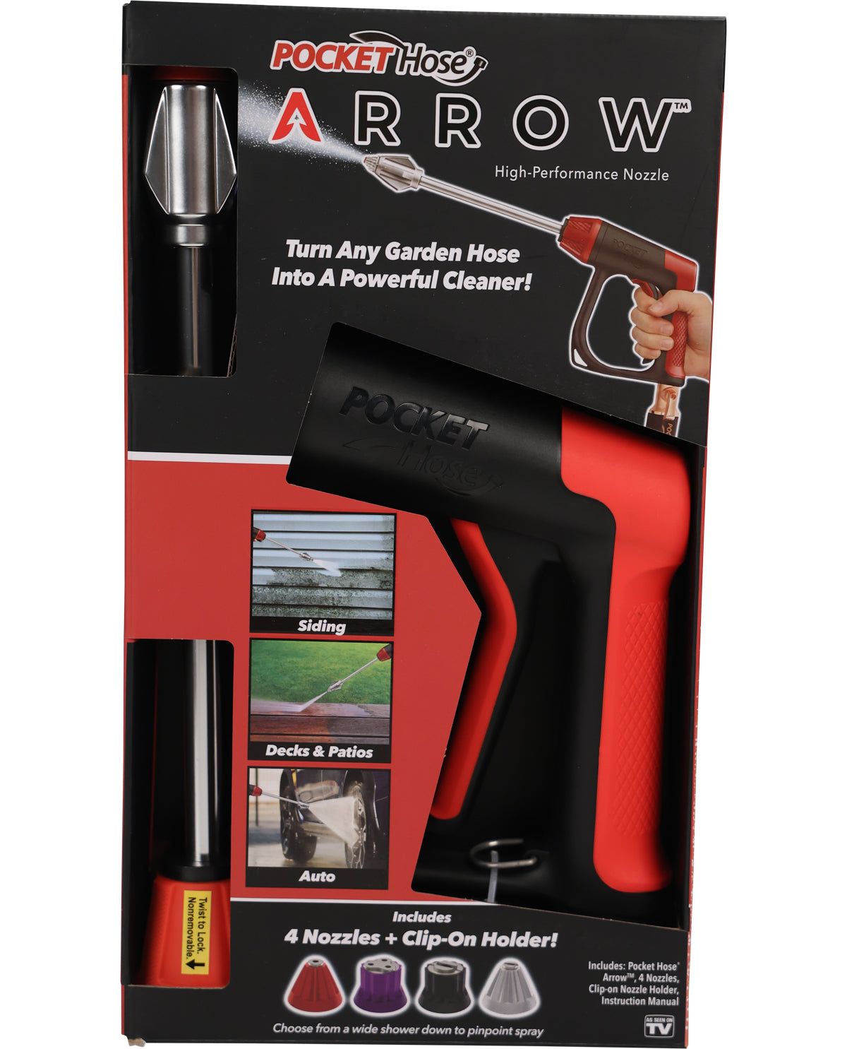 Pocket Hose Arrow high-performance nozzle packaging with red and black design.