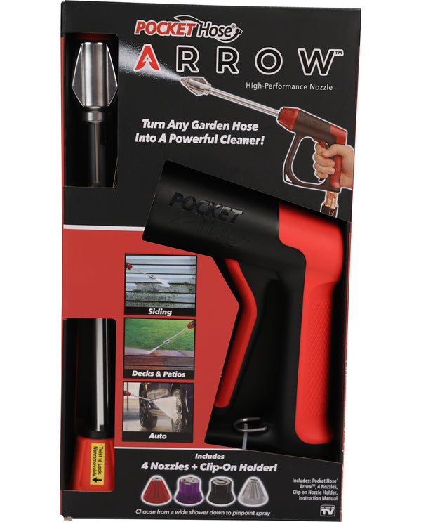 Pocket Hose Arrow high-performance nozzle packaging with red and black design.