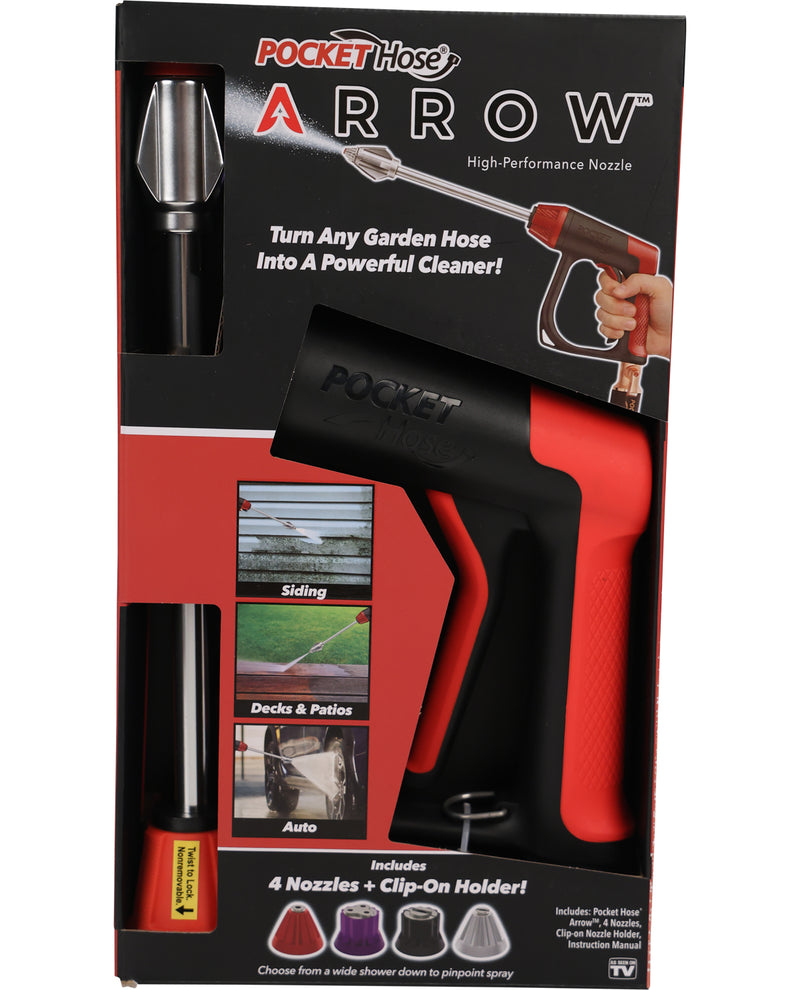 Pocket Hose Arrow high-performance nozzle packaging with red and black design.