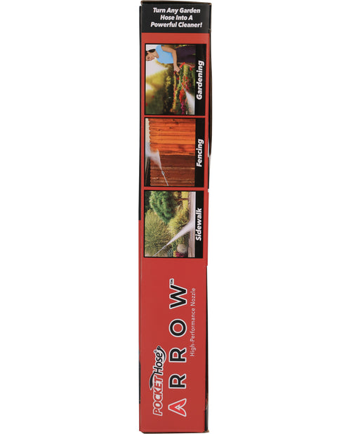 Red packaging of a garden hose attachment with images and text on a white background