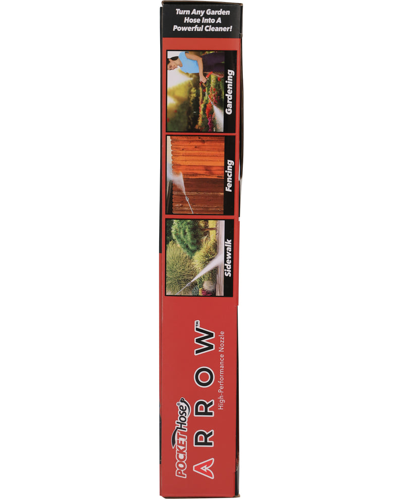Red packaging of a garden hose attachment with images and text on a white background