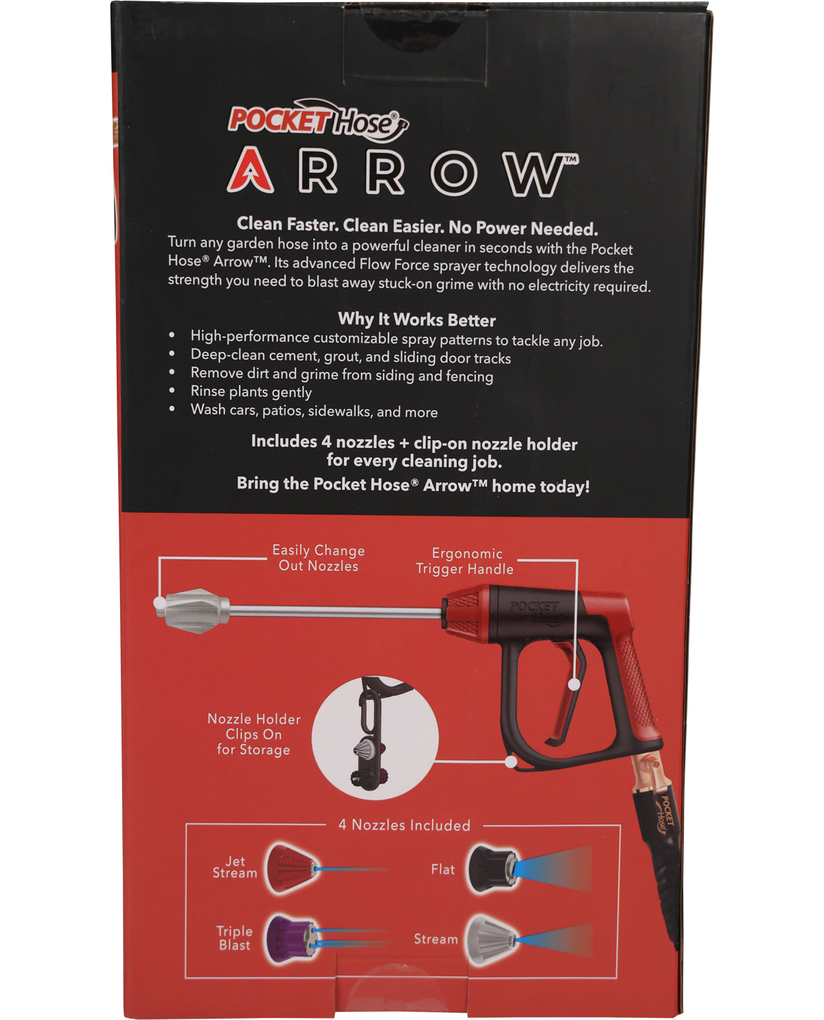 Pocket Hose Arrow pressure washer packaging with text and graphics on a white background