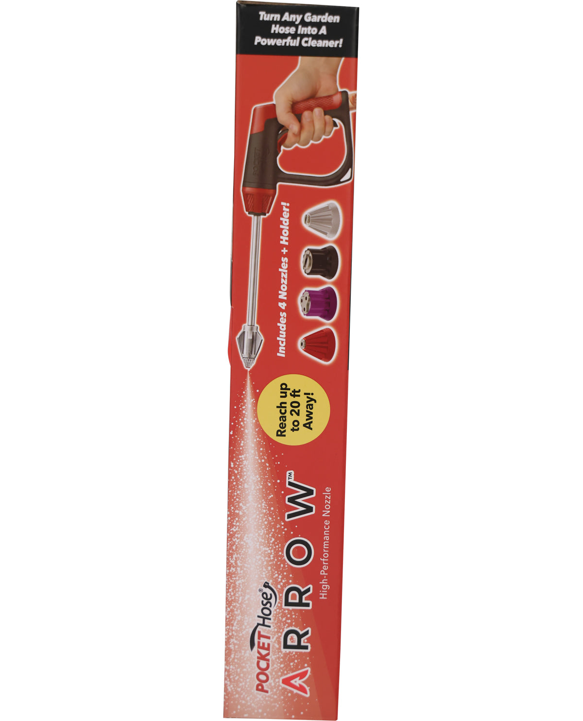 Red and black packaging of a garden cleaning tool with text on a white background