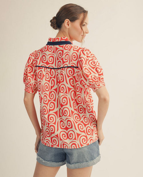 Jodifl Swirl Print Top With Ruffle Neckline Red