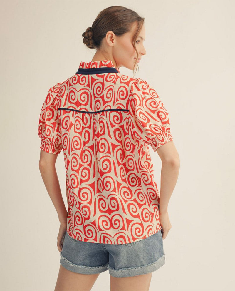 Jodifl Swirl Print Top With Ruffle Neckline Red