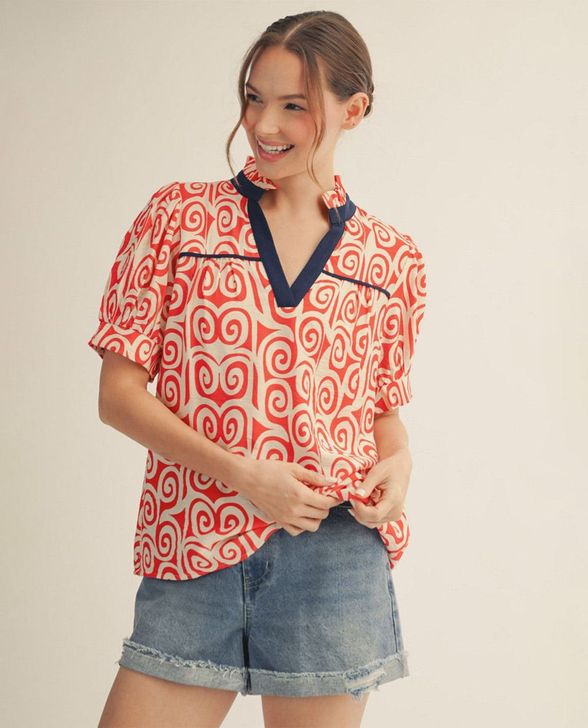 Jodifl Swirl Print Top With Ruffle Neckline Red