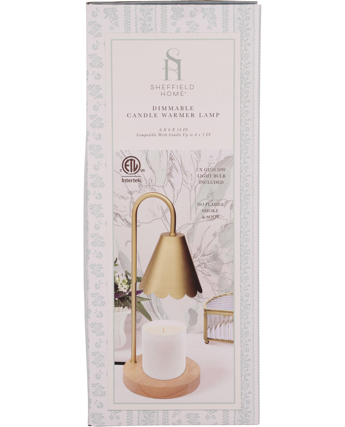 Sheffield Home dimmable candle warmer lamp packaging with gold lamp and white candle on a light background.