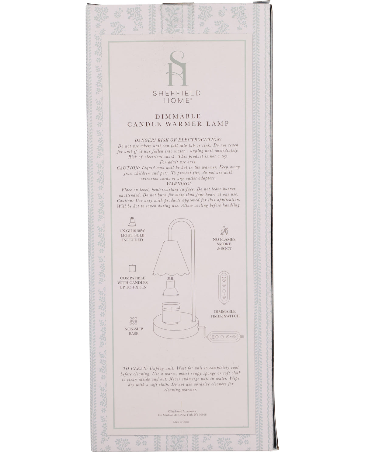 Sheffield Home dimmable candle warmer lamp packaging with instructions on a white background