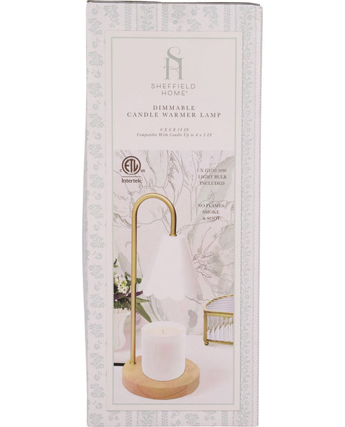 Sheffield Home dimmable candle warmer lamp packaging with a white candle and gold stand.
