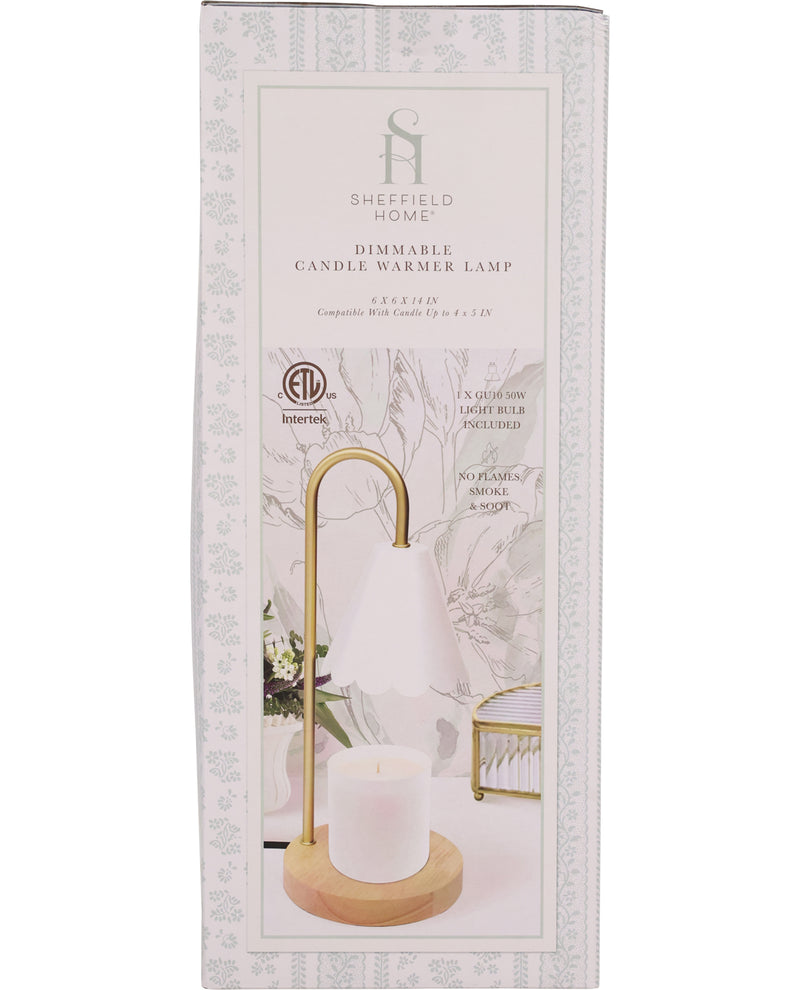 Sheffield Home dimmable candle warmer lamp packaging with a white candle and gold stand.