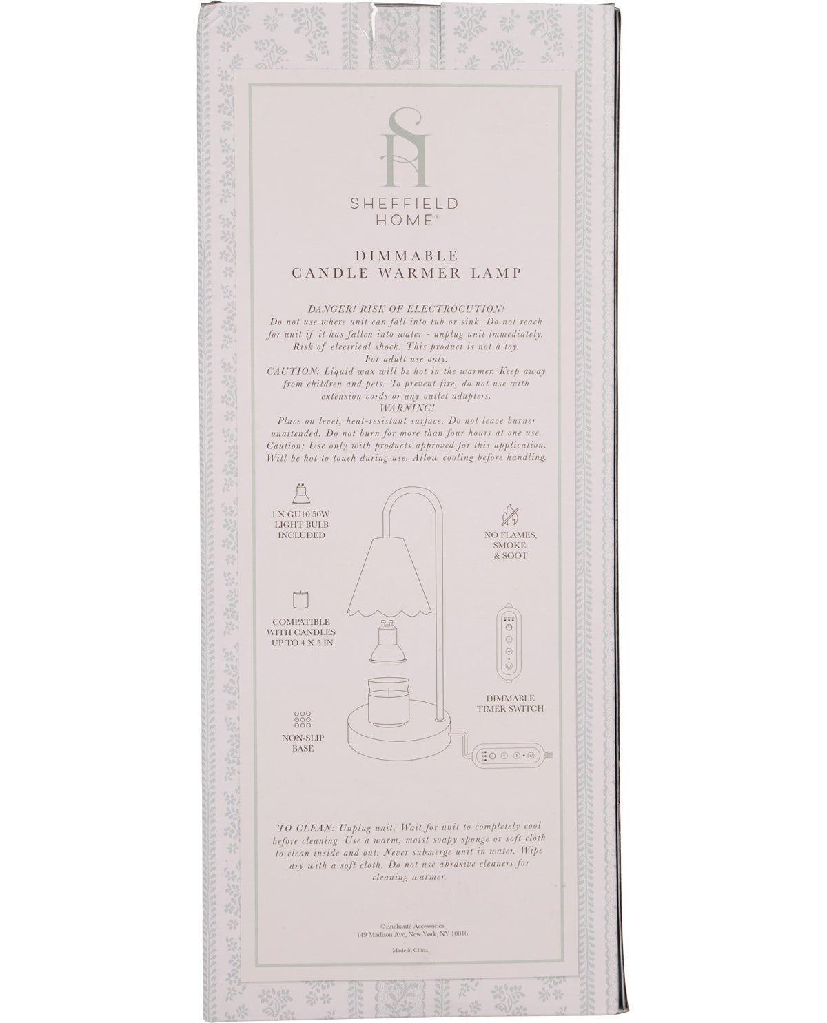 Sheffield Home dimmable candle warmer lamp packaging with instructions on a white background