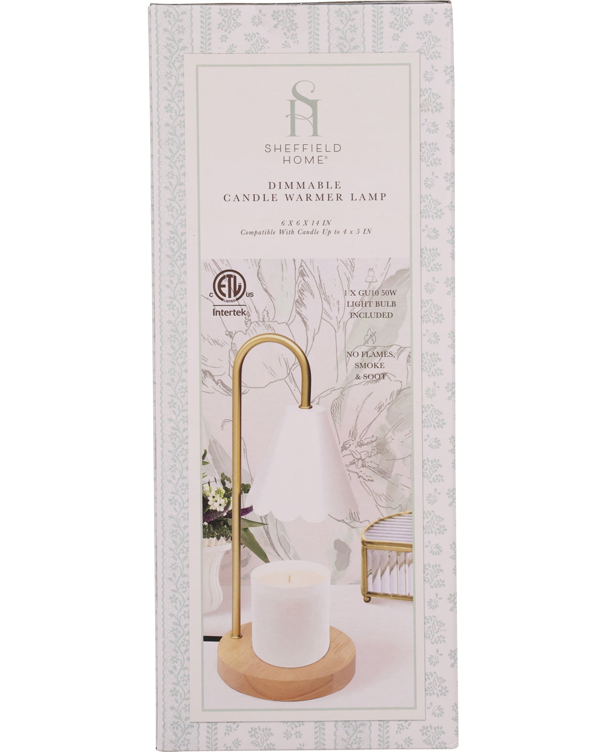 Sheffield Home dimmable candle warmer lamp packaging with a white candle and gold stand.